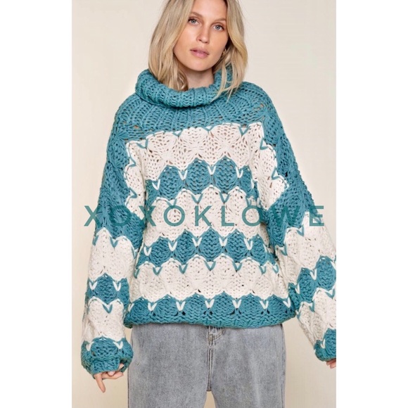 POL Teal & Ivory Stripe Handmade Chunky Knit Sweater - Picture 3 of 12